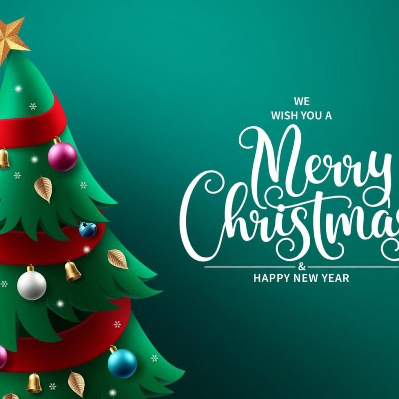 merry-christmas-greeting-text-background-design-christmas-pine-tree-element-with-colorful-xmas-ornaments-for-holiday-season-card-decoration-in-green-background-illustration-vector